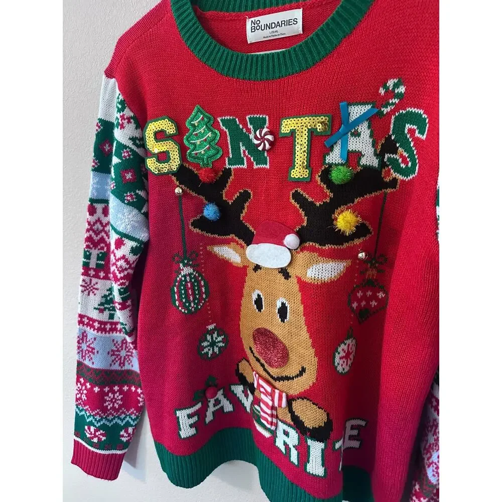 No Boundaries Christmas Sweater L Pullover Tunic Ugly Sweater Nerdy Deer bows - Picture 3 of 6